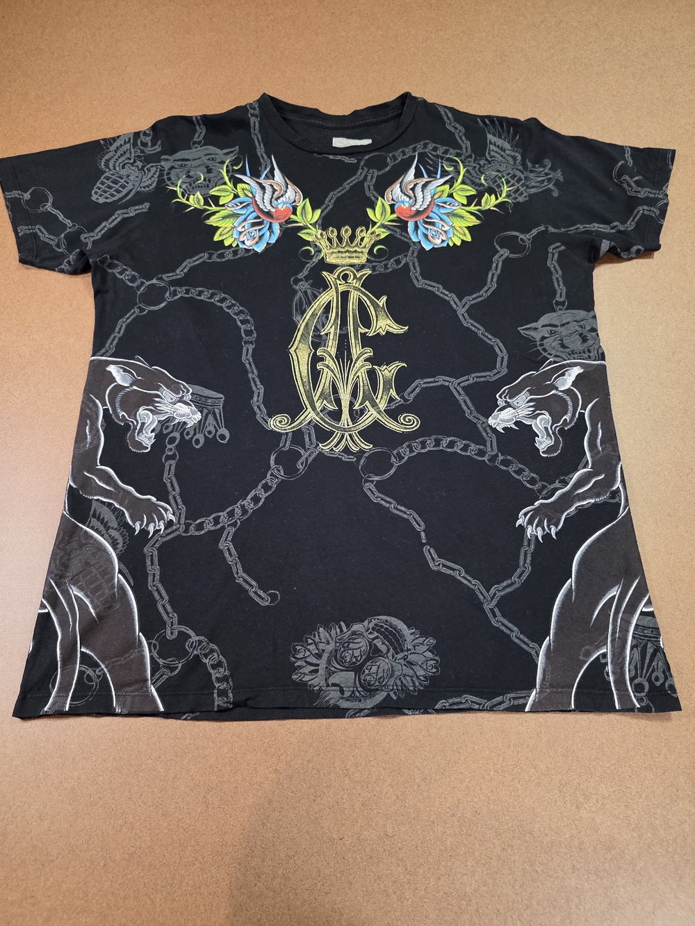 Christian Audigier Vintage Black Tee with Gold Monogram and Colorful SwallowsY2K